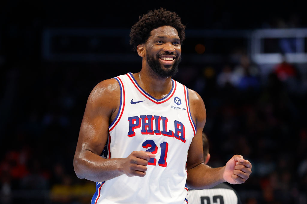 ATLANTA, GEORGIA - NOVEMBER 17: Joel Embiid #21 of the Philadelphia 76ers reacts during the second quarter against the Atlanta Hawks during an NBA In-Season Tournament game at State Farm Arena on November 17, 2023 in Atlanta, Georgia. NOTE TO USER: User expressly acknowledges and agrees that, by downloading and or using this photograph, User is consenting to the terms and conditions of the Getty Images License Agreement. 