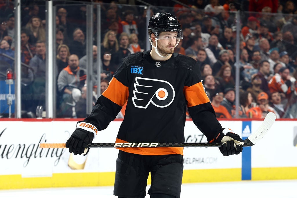 Joel Farabee #86 of the Philadelphia Flyers looks on against the St. Louis Blues at the Wells Fargo Center on March 04, 2024 in Philadelphia, Pennsylvania.