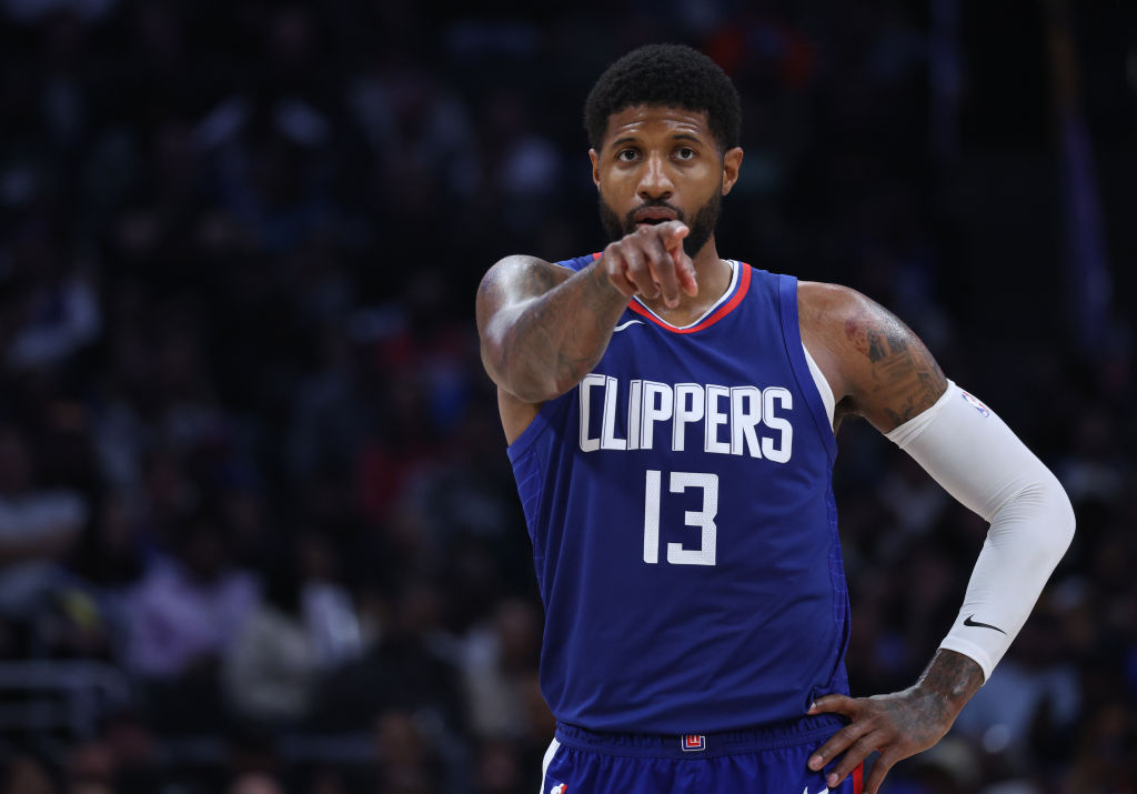 Paul George #13 of the LA Clippers reacts during a 118-100 loss to the Minnesota Timberwolves at Crypto.com Arena on March 12, 2024 in Los Angeles, California. Sixers