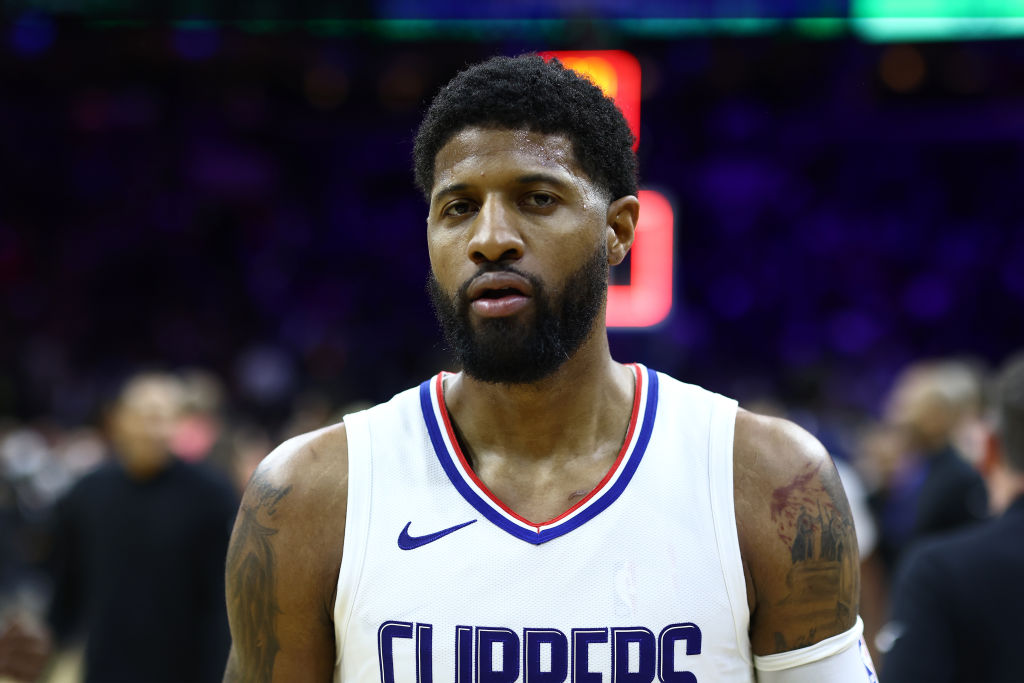 PHILADELPHIA, PENNSYLVANIA - MARCH 27: Paul George #13 of the LA Clippers looks on after a game against the Philadelphia 76ers at the Wells Fargo Center on March 27, 2024 in Philadelphia, Pennsylvania. 