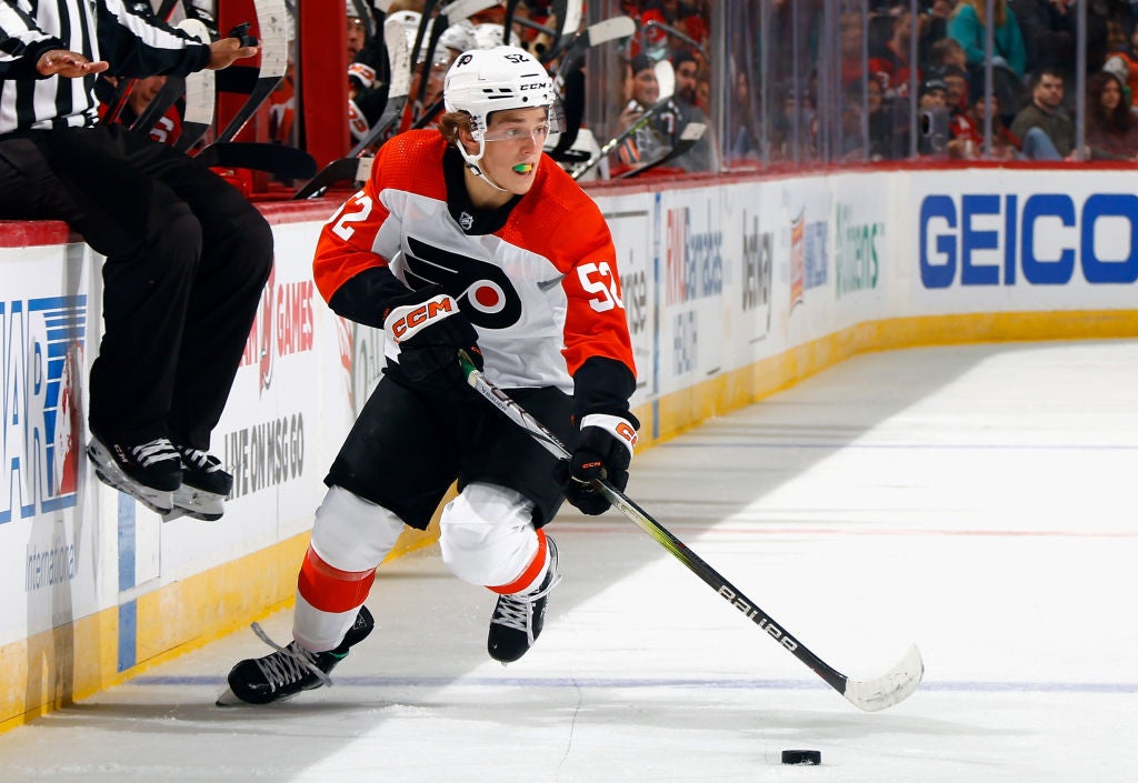 Denver Barkey #52 of Philadelphia Flyers skates against the New Jersey Devils at a preseason game at the Prudential Center on September 25, 2023 in Newark, New Jersey.