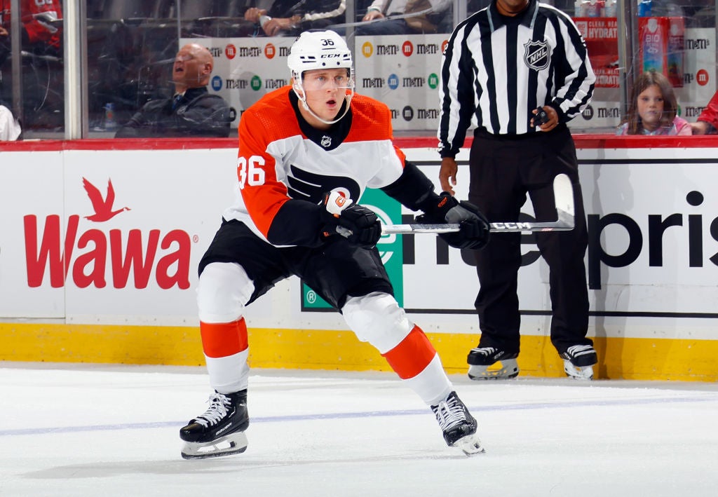 Emil Andrae #36 of Philadelphia Flyers skates against the New Jersey Devils at a preseason game at the Prudential Center on September 25, 2023 in Newark, New Jersey.