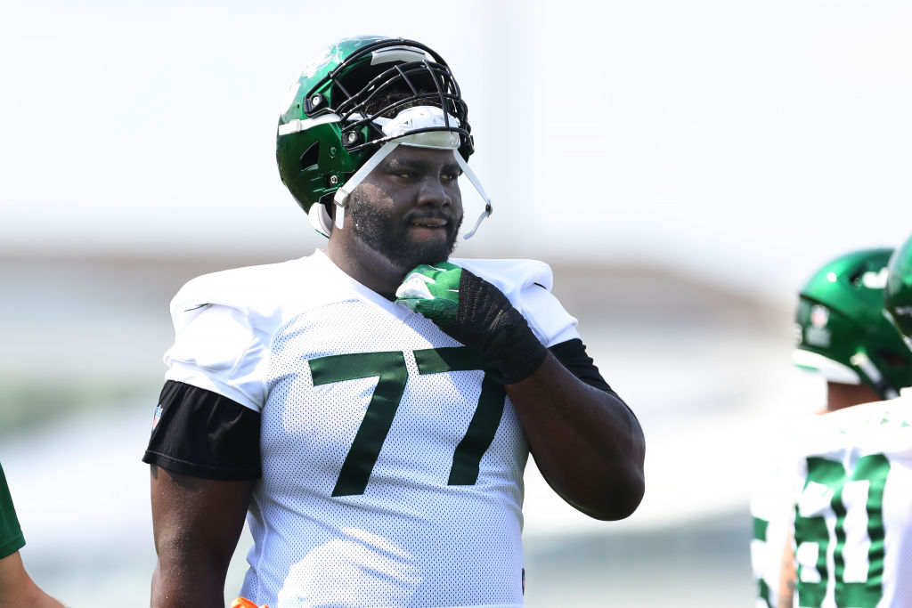 FLORHAM PARK, NJ - JULY 28: Mekhi Becton #77 of the New York Jets during morning practice at Atlantic Health Jets Training Center on July 28, 2021 in Florham Park, New Jersey. Eagles training camp