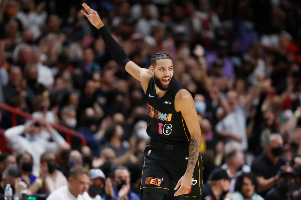 MIAMI, FLORIDA - NOVEMBER 06: Caleb Martin #16 of the Miami Heat celebrates a three pointer against the Utah Jazz during the second half at FTX Arena on November 06, 2021 in Miami, Florida.