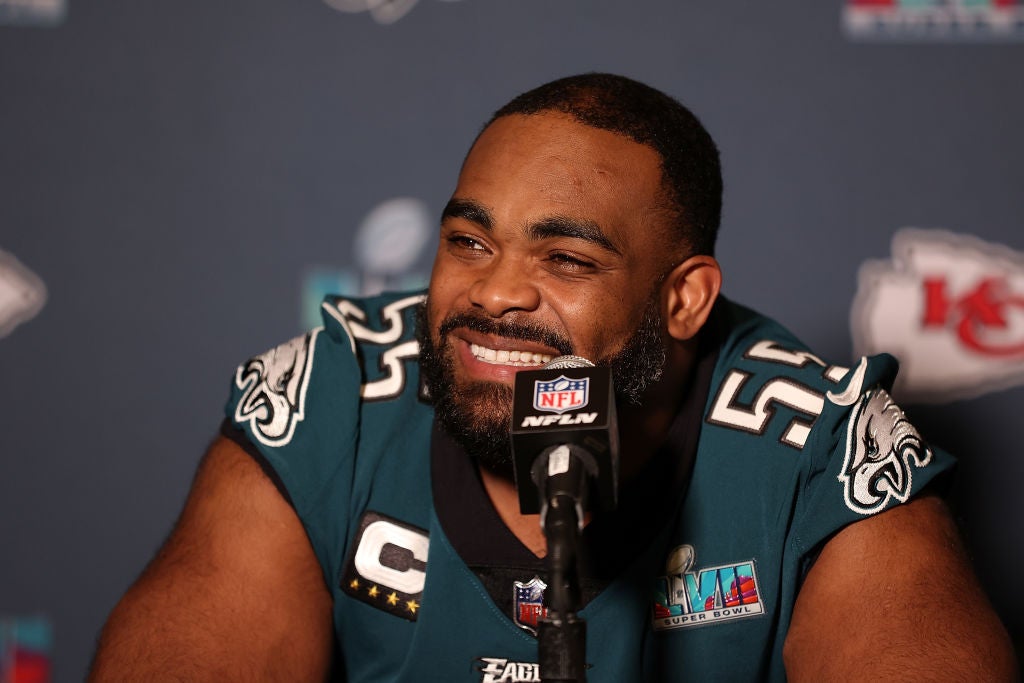 PHOENIX, ARIZONA - FEBRUARY 08: Brandon Graham #55 of the Philadelphia Eagles speaks to the media during the Philadelphia Eagles media availability prior to Super Bowl LVII on February 08, 2023 in Phoenix, Arizona. 