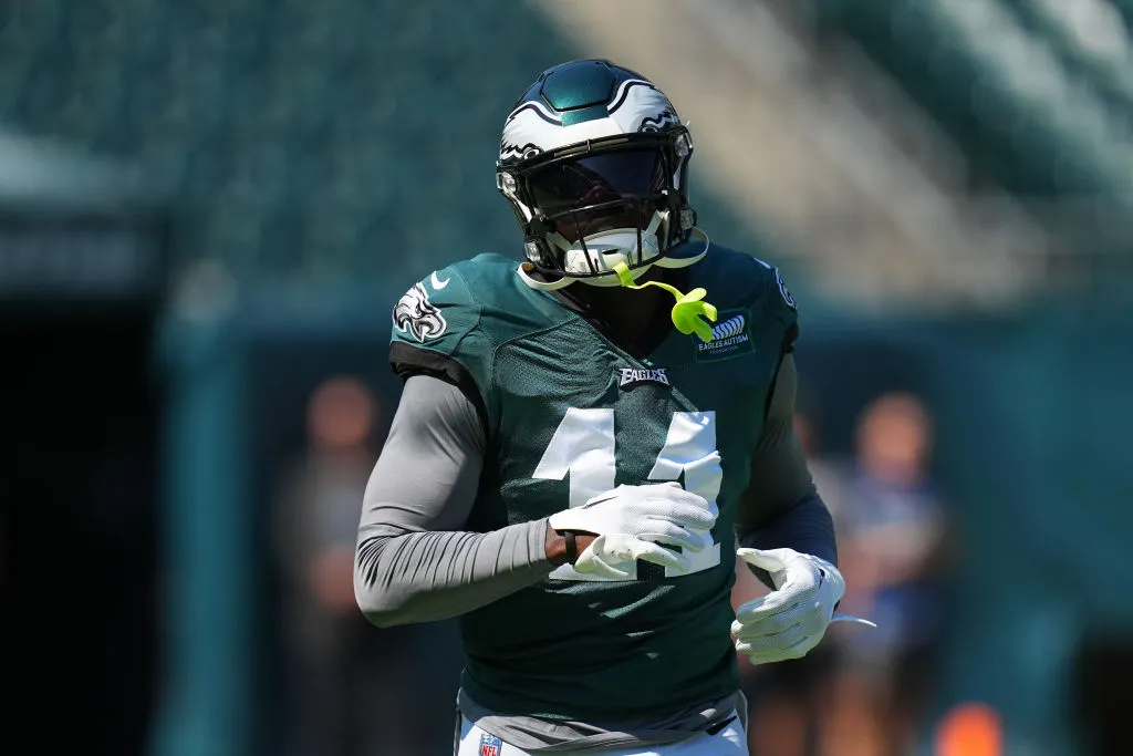 PHILADELPHIA, PENNSYLVANIA - AUGUST 9: A.J. Brown #11 of the Philadelphia Eagles looks on during Training Camp at Lincoln Financial Field on August 9, 2023 in Philadelphia, Pennsylvania. 