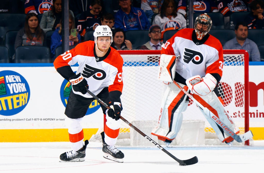 Adam Ginning #50 of Philadelphia Flyers skates against the New York Islanders during a preseason game at UBS Arena on September 27, 2023 in Elmont, New York.