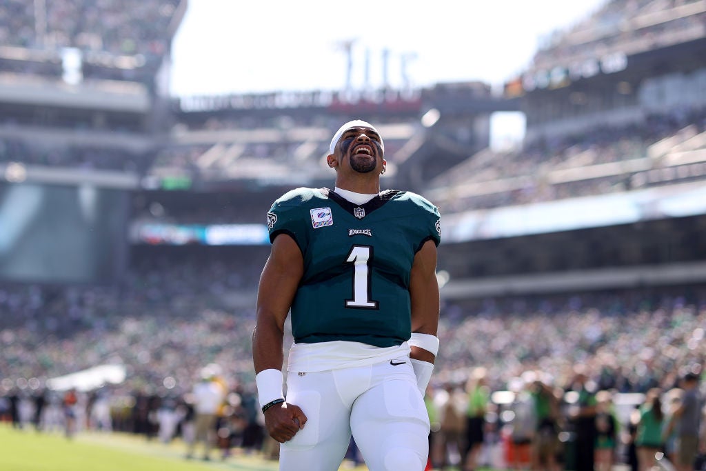 PHILADELPHIA, PENNSYLVANIA - OCTOBER 01: Jalen Hurts #1 of the Philadelphia Eagles reacts before the game against the Washington Commanders at Lincoln Financial Field on October 01, 2023 in Philadelphia, Pennsylvania. 