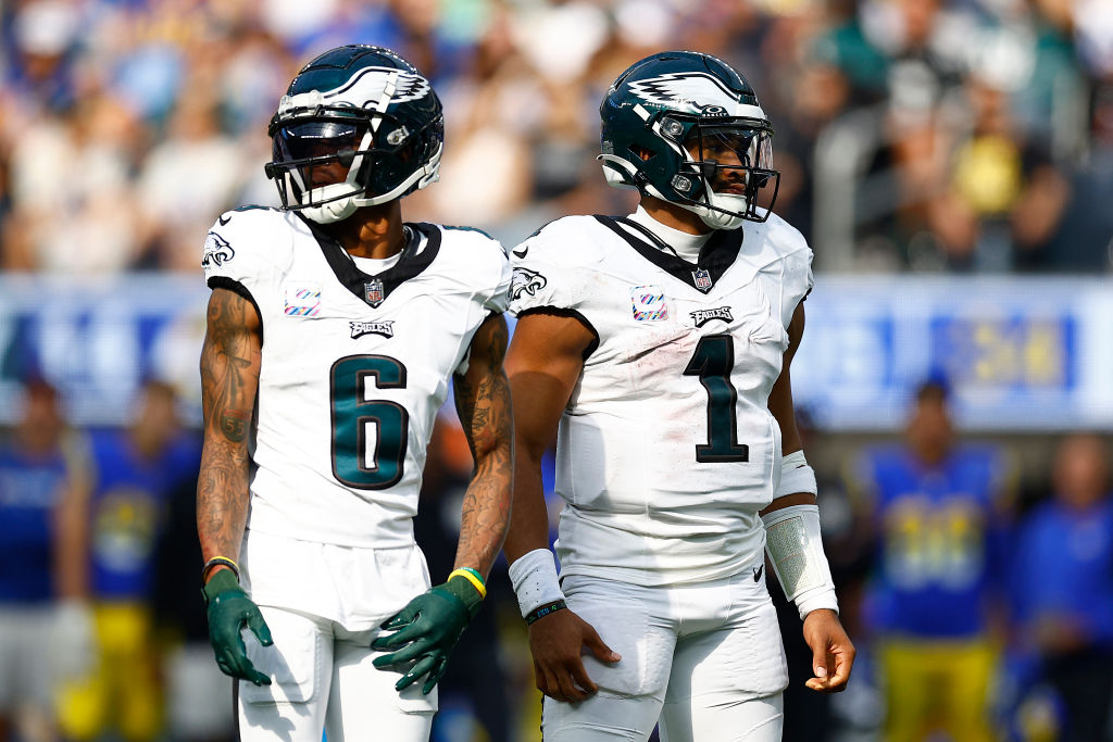 INGLEWOOD, CALIFORNIA - OCTOBER 08:   DeVonta Smith #6 and Jalen Hurts #1 of the Philadelphia Eagles at SoFi Stadium on October 08, 2023 in Inglewood, California. 