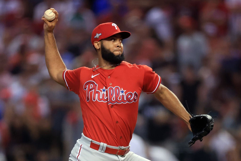 Seranthony Dominguez #58 of the Philadelphia Phillies throws a pitch against the Arizona Diamondbacks during the ninth inning in Game Five of the National League Championship Series at Chase Field on October 21, 2023 in Phoenix, Arizona.