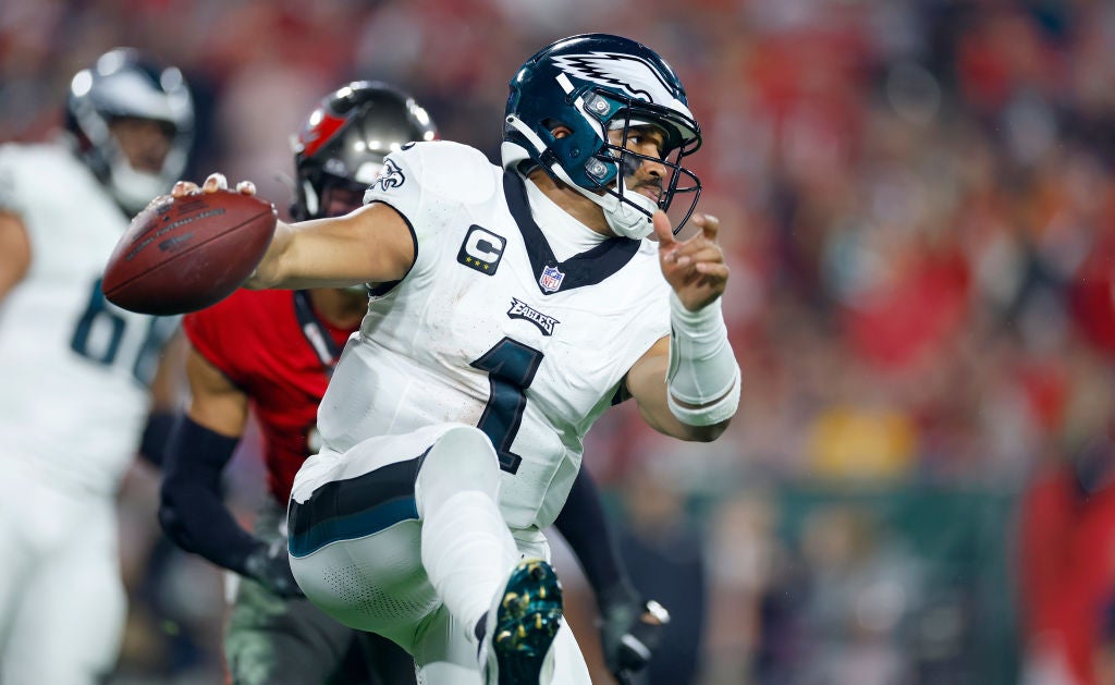 TAMPA, FLORIDA - JANUARY 15: Jalen Hurts #1 of the Philadelphia Eagles plays during the NFC Wild Card game against the Tampa Bay Buccaneers at Raymond James Stadium on January 15, 2024 in Tampa, Florida. Kellen Moore