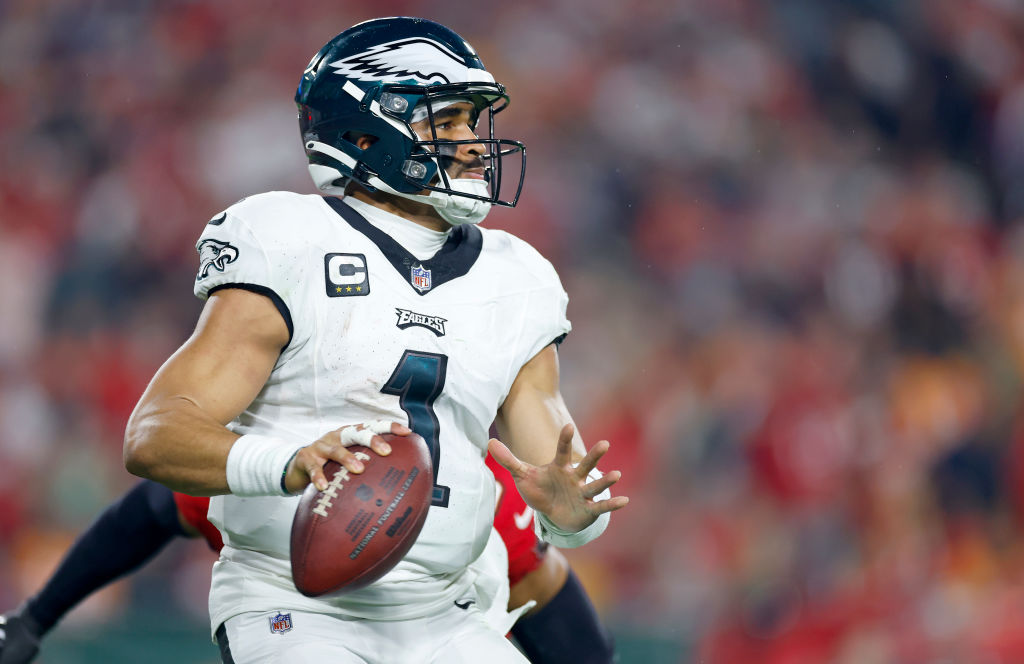 TAMPA, FLORIDA - JANUARY 15: Jalen Hurts #1 of the Philadelphia Eagles plays during the NFC Wild Card game against the Tampa Bay Buccaneers at Raymond James Stadium on January 15, 2024 in Tampa, Florida. 