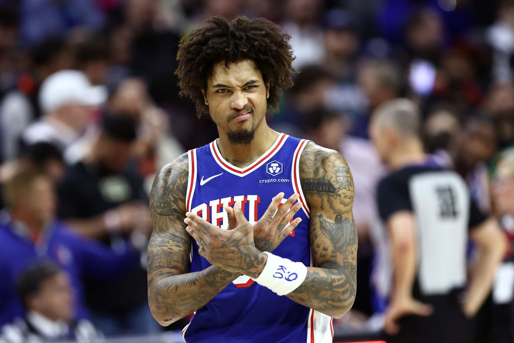 PHILADELPHIA, PENNSYLVANIA - APRIL 02: Kelly Oubre Jr. #9 of the Philadelphia 76ers reacts during the fourth quarter against the Oklahoma City Thunder at the Wells Fargo Center on April 02, 2024 in Philadelphia, Pennsylvania.