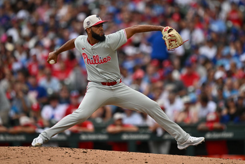 CHICAGO, IL - JULY 04:  Seranthony Dominguez #58 of the Philadelphia Phillies pitches in the fifth inning against the Chicago Cubs at Wrigley Field on July 04, 2024 in Chicago, Illinois. 