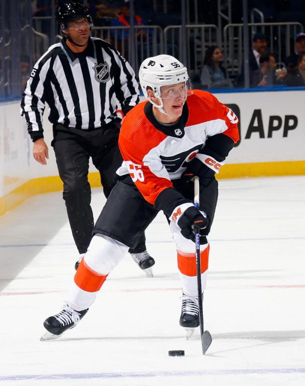 Samu Tuomaala #56 of Philadelphia Flyers skates against the New York Islanders during a preseason game at UBS Arena on September 27, 2023 in Elmont, New York.