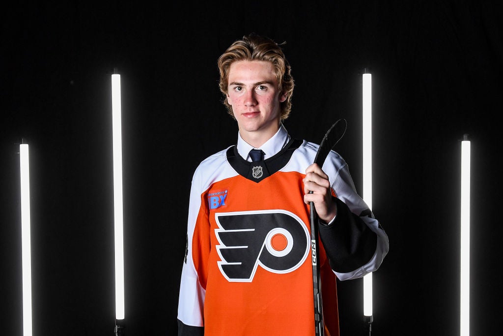 Spencer Gill poses for a portrait after being drafted by the Philadelphia Flyers in the 2024 Upper Deck NHL Draft at Sphere on June 29, 2024 in Las Vegas, Nevada.