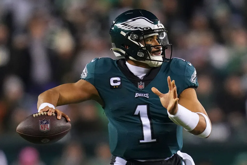 PHILADELPHIA, PA - JANUARY 21: Jalen Hurts #1 of the Philadelphia Eagles passes the ball against the New York Giants during the NFC Divisional Playoff game at Lincoln Financial Field on January 21, 2023 in Philadelphia, Pennsylvania.