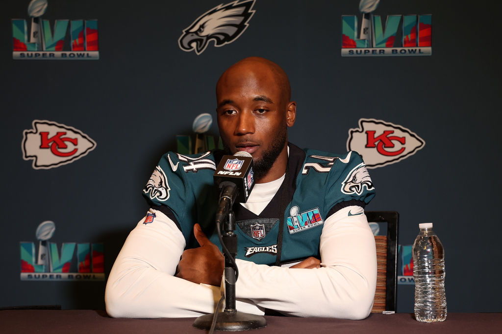 PHOENIX, ARIZONA - FEBRUARY 08: James Bradberry #24 of the Philadelphia Eagles speaks to the media during the Philadelphia Eagles media availability prior to Super Bowl LVII on February 08, 2023 in Phoenix, Arizona. 