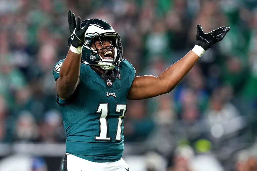 PHILADELPHIA, PENNSYLVANIA - NOVEMBER 05: Nakobe Dean #17 of the Philadelphia Eagles reacts during the second quarter in the game against the Dallas Cowboys at Lincoln Financial Field on November 05, 2023 in Philadelphia, Pennsylvania.