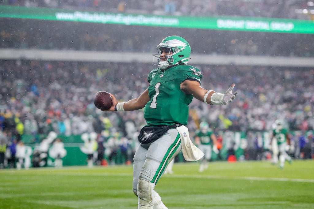 PHILADELPHIA, PENNSYLVANIA - NOVEMBER 26: Jalen Hurts #1 of the Philadelphia Eagles reacts after scoring the game winning touchdown in overtime against the Buffalo Bills at Lincoln Financial Field on November 26, 2023 in Philadelphia, Pennsylvania.