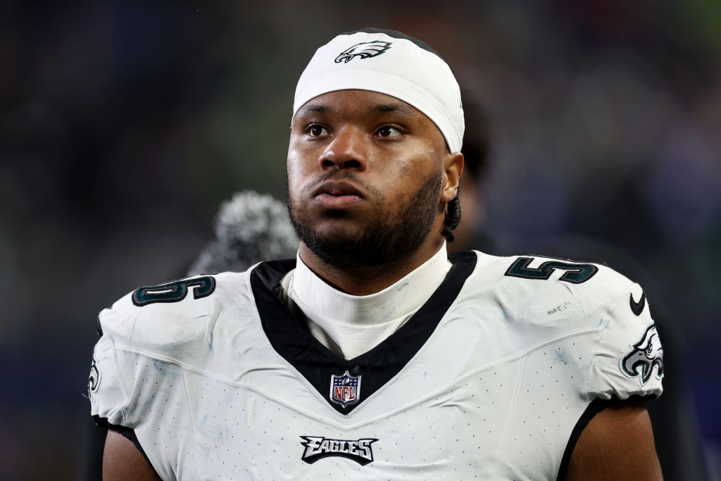 SEATTLE, WASHINGTON - DECEMBER 18: Tyler Steen #56 of the Philadelphia Eagles looks on against the Seattle Seahawks at Lumen Field on December 18, 2023 in Seattle, Washington.