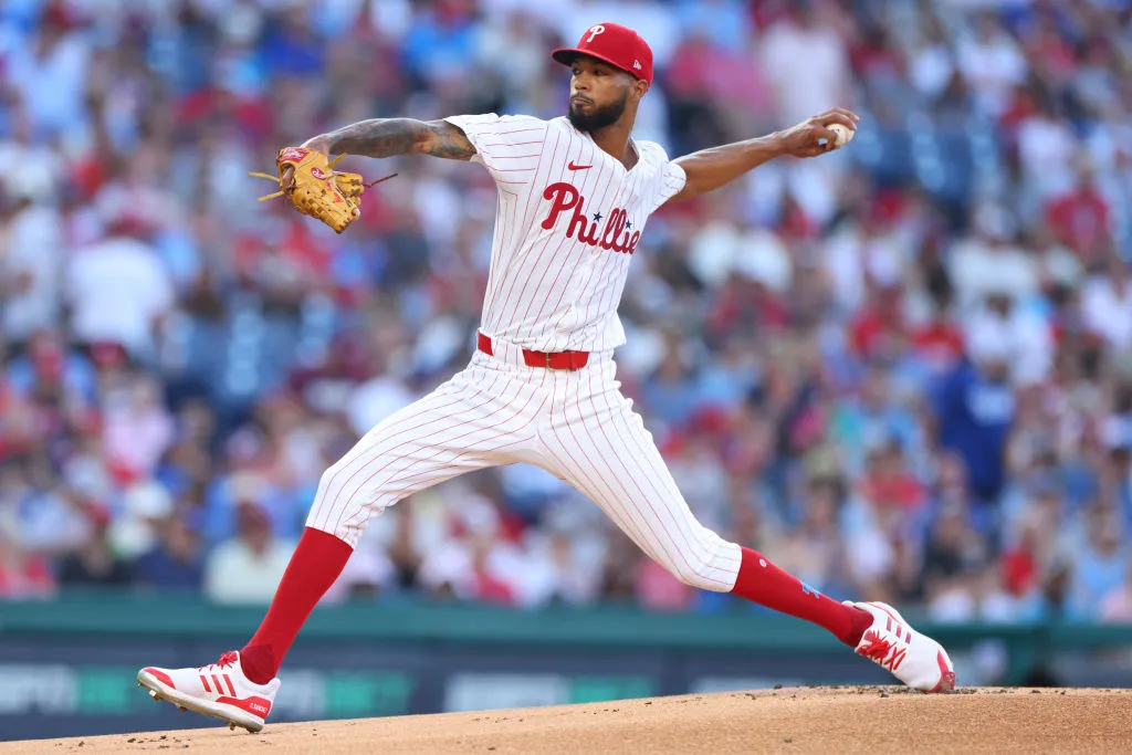 Cristopher Sanchez #61 of the Philadelphia Phillies delivers a pitch against the Los Angeles Dodgers in the first inning at Citizens Bank Park on July 10, 2024 in Philadelphia, Pennsylvania.