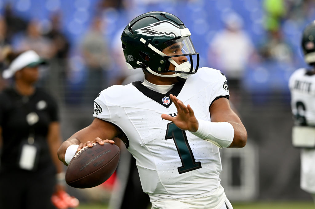 BALTIMORE, MARYLAND - AUGUST 09: Jalen Hurts #1 of the Philadelphia Eagles warms up before the preseason game against the Baltimore Ravens at M&T Bank Stadium on August 09, 2024 in Baltimore, Maryland.