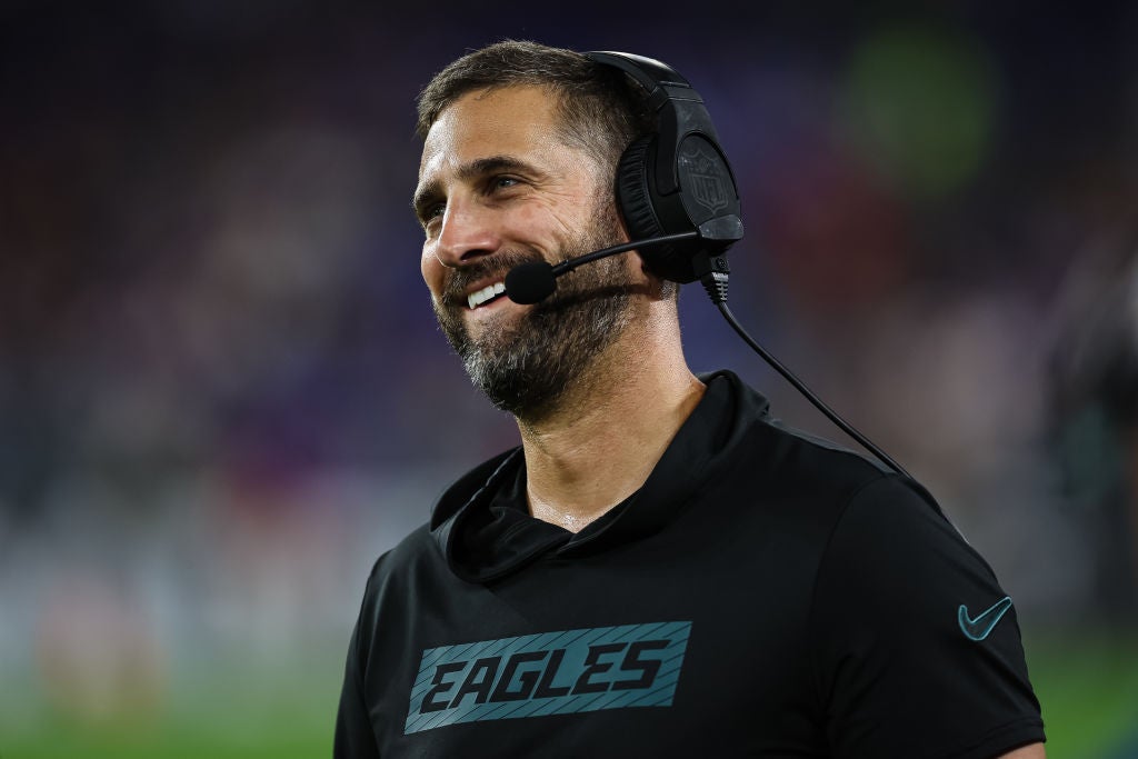 BALTIMORE, MD - AUGUST 09: Head coach Nick Sirianni of the Philadelphia Eagles reacts during the second quarter of a preseason game against the Baltimore Ravens at M&T Bank Stadium on August 9, 2024 in