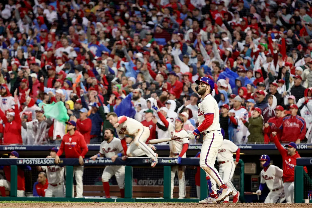 Bryce Harper #3 of the Philadelphia Phillies hits a two run home run during the eighth inning against the San Diego Padres in game five of the National League Championship Series at Citizens Bank Park on October 23, 2022 in Philadelphia, Pennsylvania.