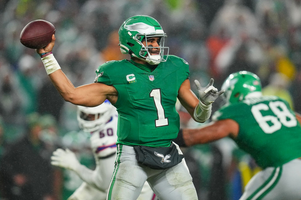 PHILADELPHIA, PENNSYLVANIA - NOVEMBER 26: Jalen Hurts #1 of the Philadelphia Eagles attempts a pass during the second quarter against the Buffalo Bills at Lincoln Financial Field on November 26, 2023 in Philadelphia, Pennsylvania. week 1 Eagles power rankings