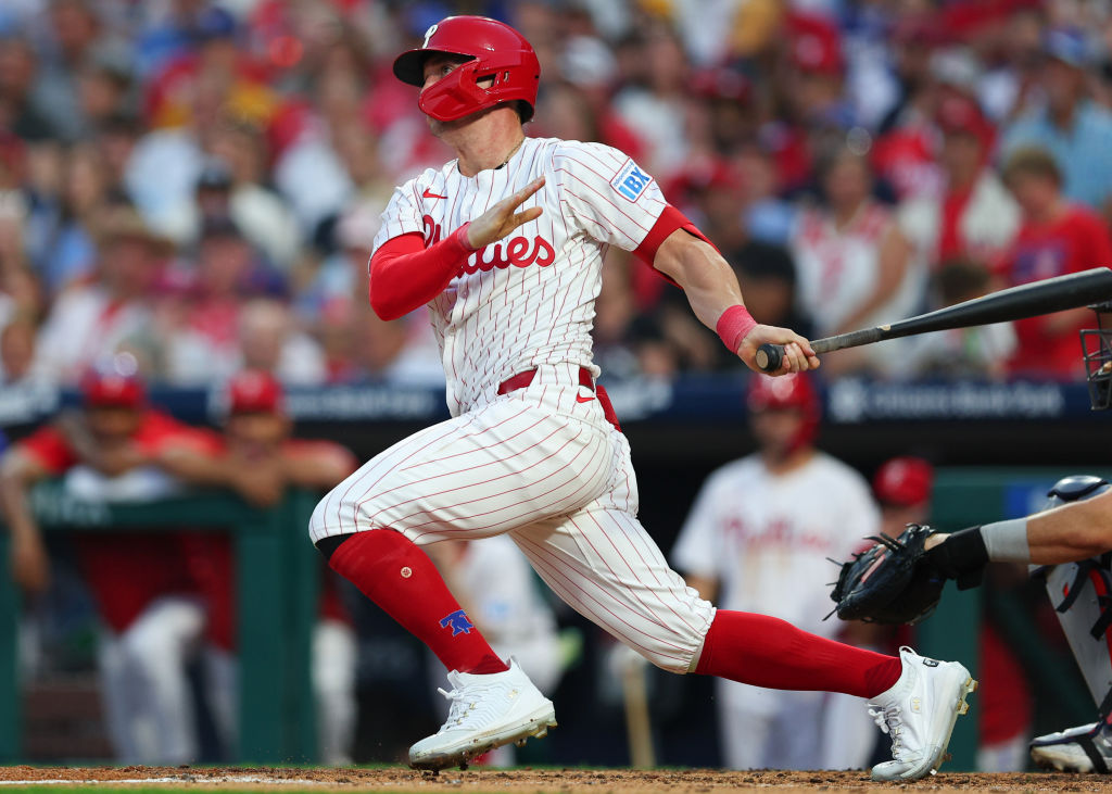 Austin Hays #9 of the Philadelpiha Phillies hits a double against the Houston Astros in the third inning at Citizens Bank Park on August 27, 2024 in Philadelphia, Pennsylvania. The Phillies won 5-0.