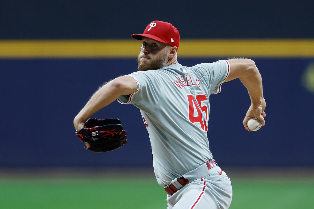 Zack Wheeler #45 of the Philadelphia Phillies throws a pitch in the first inning against the Milwaukee Brewers at American Family Field on September 17, 2024 in Milwaukee, Wisconsin.