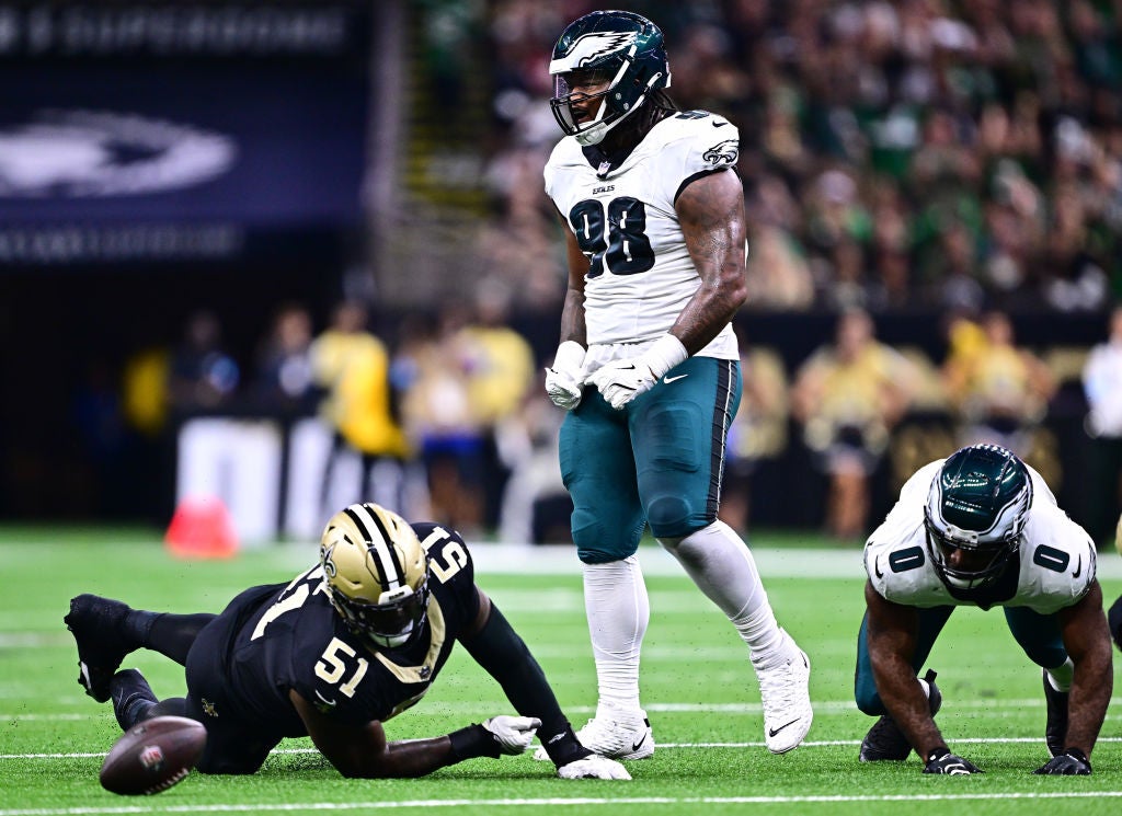 NEW ORLEANS, LOUISIANA - SEPTEMBER 22: Jalen Carter #98 of the Philadelphia Eagles celebrates deflecting a pass against the New Orleans Saints during the first quarter at Caesars Superdome on September 22, 2024 in New Orleans, Louisiana. Eagles defense