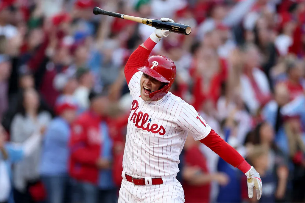 Rhys Hoskins #17 of the Philadelphia Phillies celebrates after hitting a three run home run against Spencer Strider #65 of the Atlanta Braves during the third inning in game three of the National League Division Series at Citizens Bank Park on October 14, 2022 in Philadelphia, Pennsylvania.