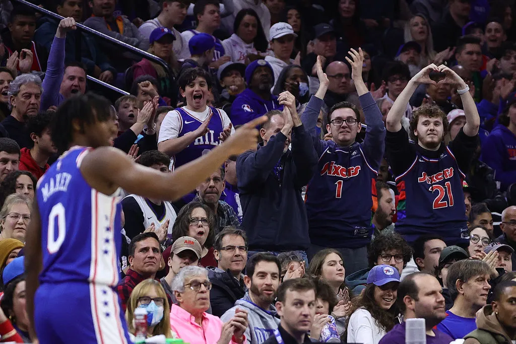 Fans react as Tyrese Maxey #0 of the Philadelphia 76ers enters the game against the New Orleans Pelicans at Wells Fargo Center on January 02, 2023 in Philadelphia, Pennsylvania. NOTE TO USER: User expressly acknowledges and agrees that, by downloading and or using this photograph, User is consenting to the terms and conditions of the Getty Images License Agreement.