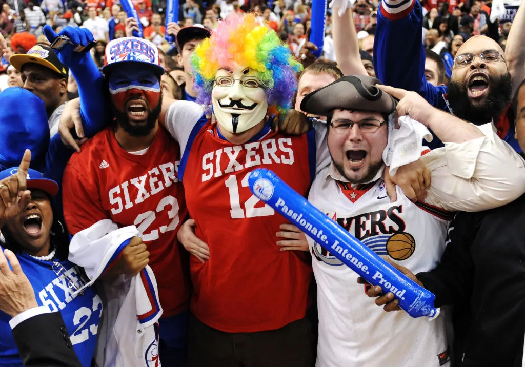 Philadelphia 76ers fans cheer after a 79-78 win over the Chicago Bulls in Game Six of the Eastern Conference Quarterfinals in the 2012 NBA Playoffs at the Wells Fargo Center on May 10, 2012 in Philadelphia, Pennsylvania. NOTE TO USER: User expressly acknowledges and agrees that, by downloading and or using this photograph, User is consenting to the terms and conditions of the Getty Images License Agreement.