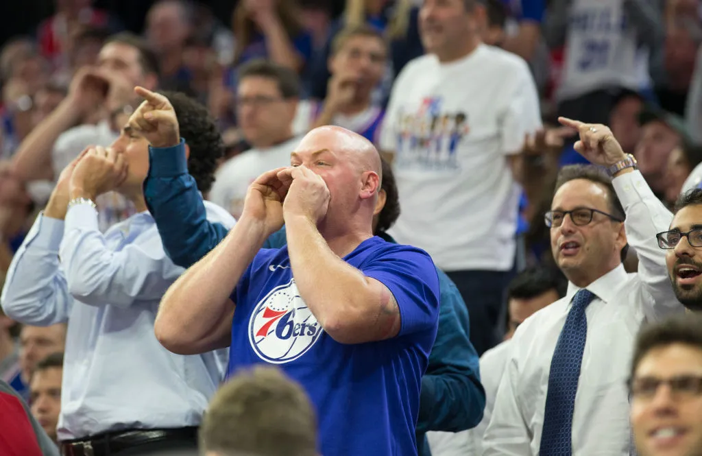 Philadelphia 76ers fans react during the game against the Boston Celtics at the Wells Fargo Center on October 20, 2017 in Philadelphia, Pennsylvania. The Celtics defeated the 76ers 102-92. NOTE TO USER: User expressly acknowledges and agrees that, by downloading and or using this photograph, User is consenting to the terms and conditions of the Getty Images License Agreement.