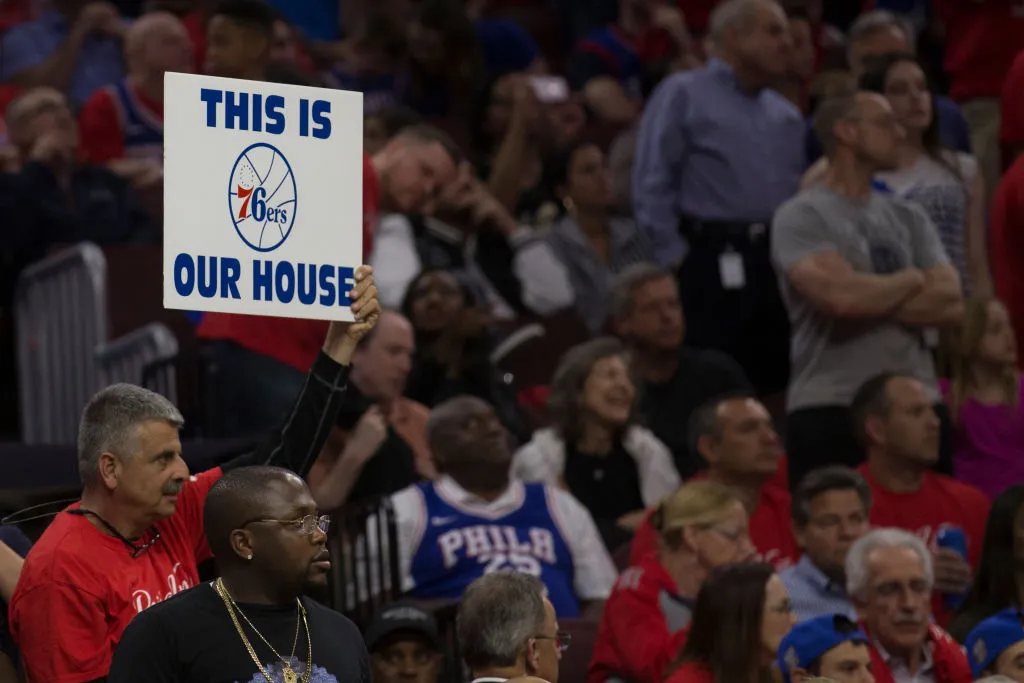 A Philadelphia 76ers fan holds up a sign against the Boston Celtics during Game Four of the Eastern Conference Second Round of the 2018 NBA Playoff at Wells Fargo Center on May 7, 2018 in Philadelphia, Pennsylvania. NOTE TO USER: User expressly acknowledges and agrees that, by downloading and or using this photograph, User is consenting to the terms and conditions of the Getty Images License Agreement.