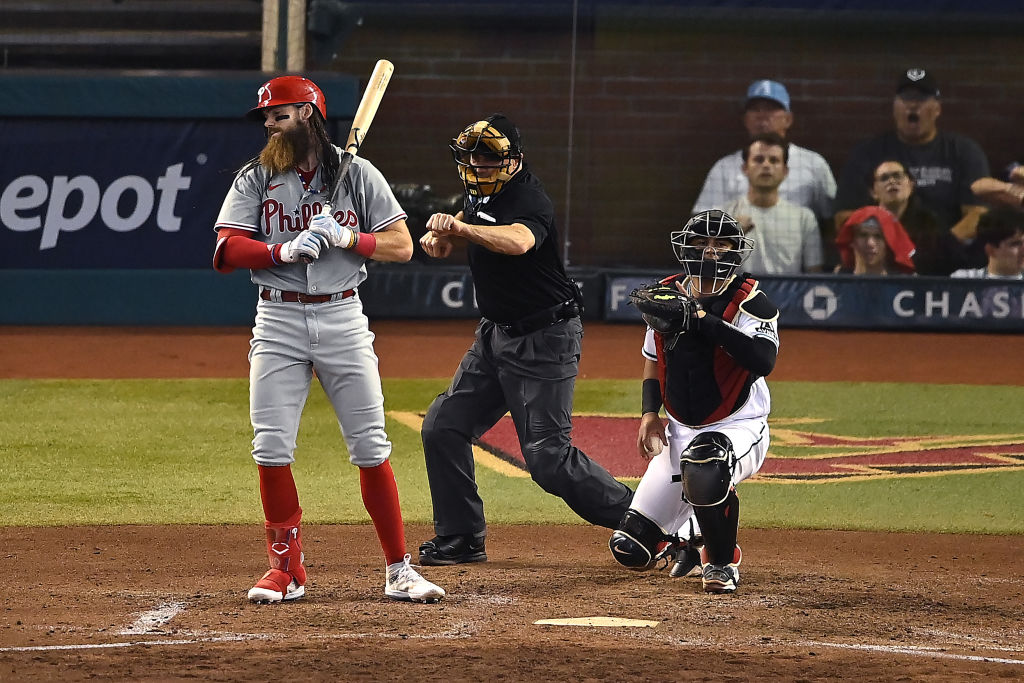 Brandon Marsh #16 of the Philadelphia Phillies reacts after striking out against the Arizona Diamondbacks during the eighth inning in Game Three of the National League Championship Series at Chase Field on October 19, 2023 in Phoenix, Arizona.