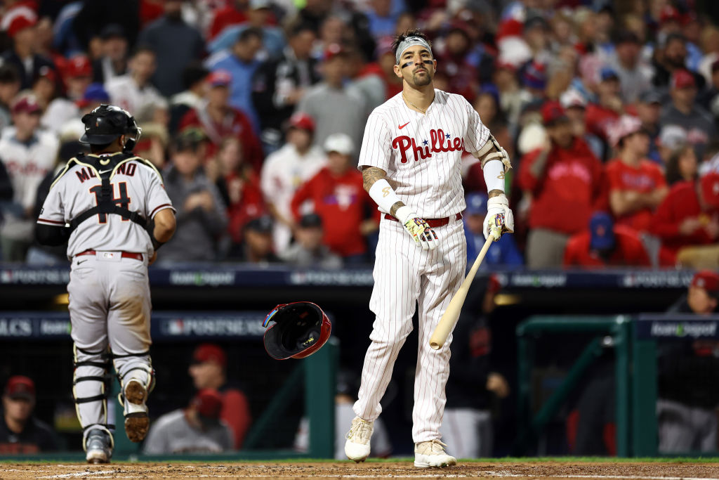 Nick Castellanos #8 of the Philadelphia Phillies reacts after striking out against the Arizona Diamondbacks during the second inning in Game Seven of the Championship Series at Citizens Bank Park on October 24, 2023 in Philadelphia, Pennsylvania.