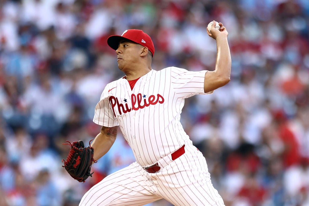 Ranger Suárez #55 of the Philadelphia Phillies pitches during the first inning against the St. Louis Cardinals at Citizens Bank Park on June 01, 2024 in Philadelphia, Pennsylvania.