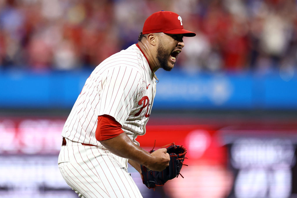 Carlos Estévez #53 of the Philadelphia Phillies reacts after pitching during the eleventh inning against the Atlanta Braves at Citizens Bank Park on September 01, 2024 in Philadelphia, Pennsylvania.