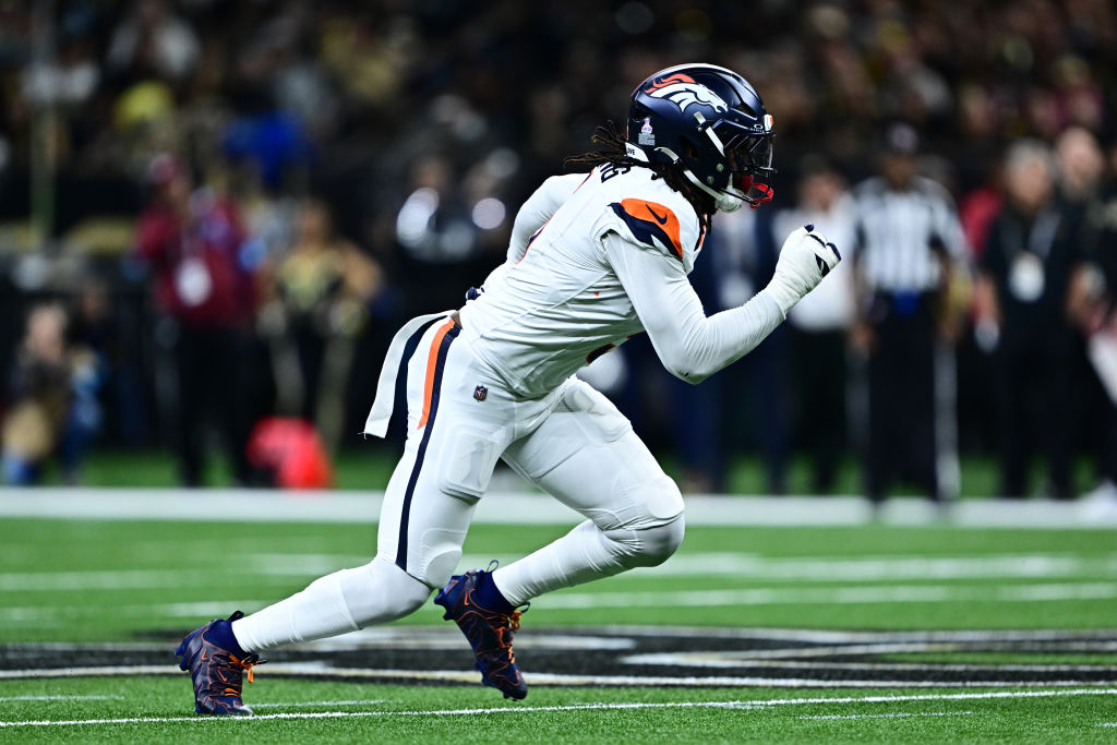 NEW ORLEANS, LOUISIANA - OCTOBER 17: Baron Browning #5 of the Denver Broncos in action against the New Orleans Saints at Caesars Superdome on October 17, 2024 in New Orleans, Louisiana. 