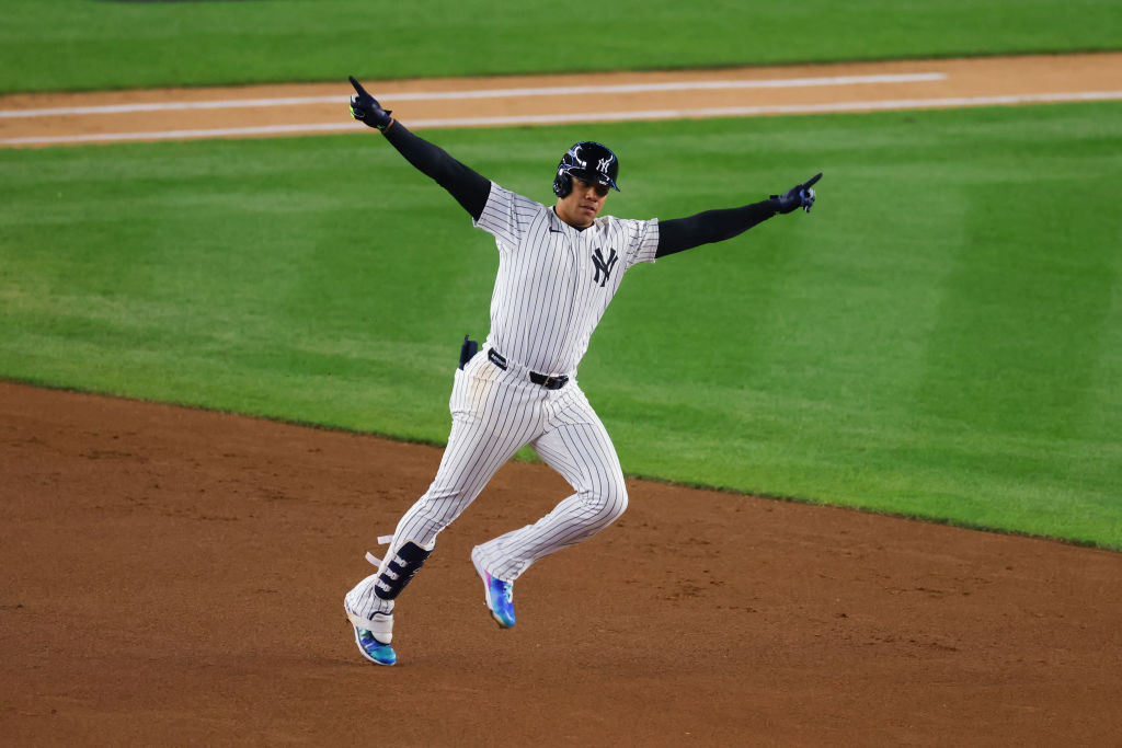 NEW YORK, NEW YORK - OCTOBER 14:  Juan Soto #22 of the New York Yankees rounds the bases after hitting a home run during the 3rd inning of Game One of the American League Championship Series against the Cleveland Guardians at Yankee Stadium on October 14, 2024 in New York City. 