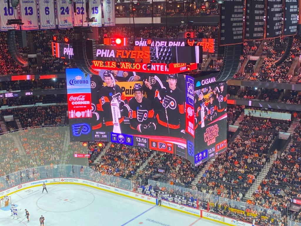 The Wells Fargo Center salutes Erik Johnson at the first TV timeout during his 1000th career NHL regular-season game