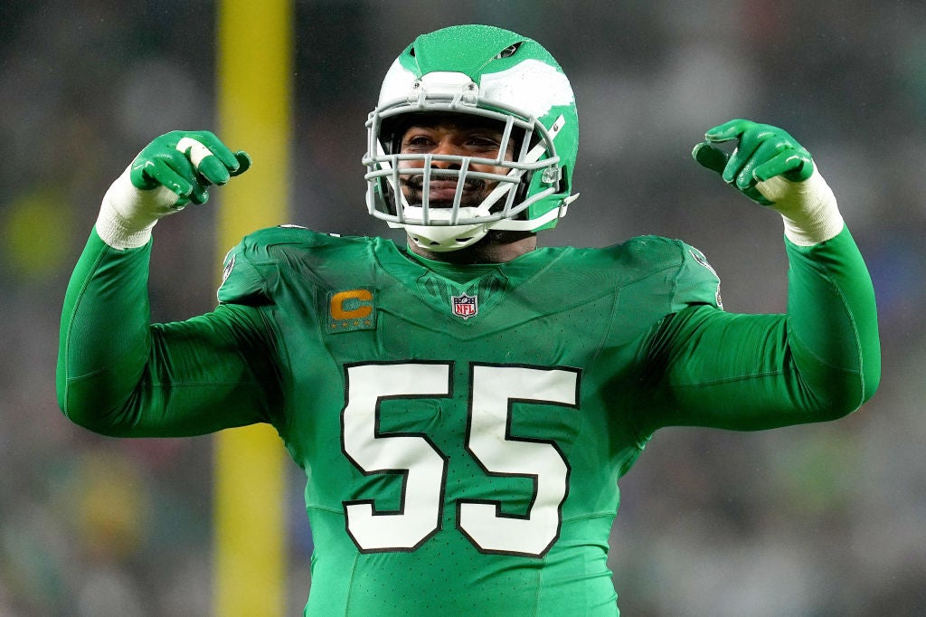 PHILADELPHIA, PENNSYLVANIA - NOVEMBER 26: Brandon Graham #55 of the Philadelphia Eagles reacts during the second quarter of the game against the Buffalo Bills at Lincoln Financial Field on November 26, 2023 in Philadelphia, Pennsylvania.