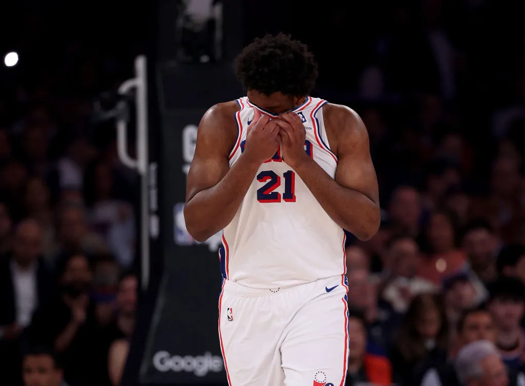 NEW YORK, NEW YORK - APRIL 30: Joel Embiid #21 of the Philadelphia 76ers reacts during the first half against the New York Knicks at Madison Square Garden on April 30, 2024 in New York City.