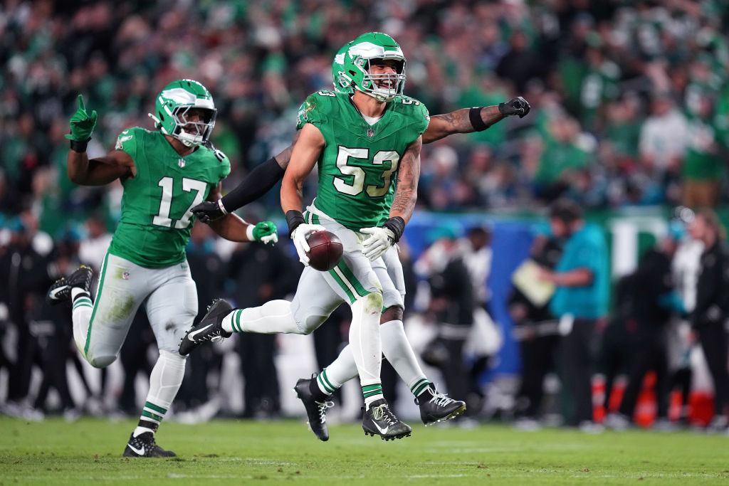 PHILADELPHIA, PENNSYLVANIA - NOVEMBER 03: Zack Baun #53 of the Philadelphia Eagles celebrates after an interception in the second quarter of a game against the Jacksonville Jaguars at Lincoln Financial Field on November 03, 2024 in Philadelphia, Pennsylvania.