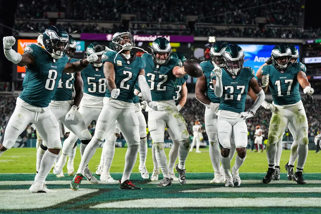 PHILADELPHIA, PENNSYLVANIA - NOVEMBER 14: Reed Blankenship #32 of the Philadelphia Eagles celebrates his interception with his teammates as they play the Washington Commanders during the fourth quarter at Lincoln Financial Field on November 14, 2024 in Philadelphia, Pennsylvania