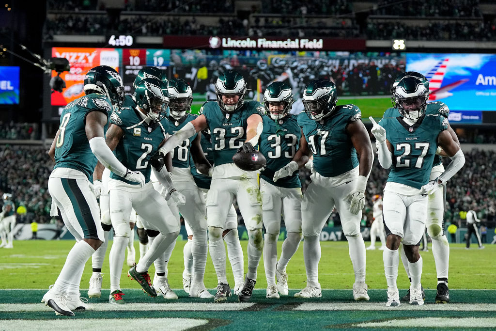 PHILADELPHIA, PENNSYLVANIA - NOVEMBER 14: Reed Blankenship #32 of the Philadelphia Eagles celebrates his interception with his teammates as they play the Washington Commanders during the fourth quarter at Lincoln Financial Field on November 14, 2024 in Philadelphia, Pennsylvania.